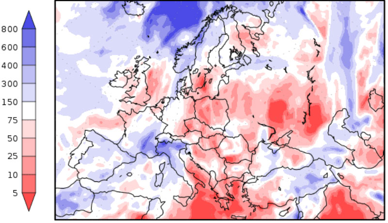 Previsioni delle precipitazioni (% sopra la norma) dal 10 al 18 aprile 2025 in Europa (fonte: Grads/Cola).
